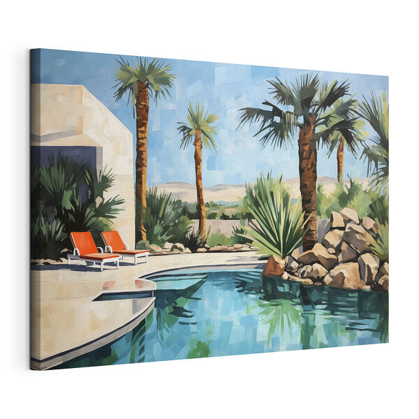 Canvas Schilderijen Zwembad met palmbomen en stoelen