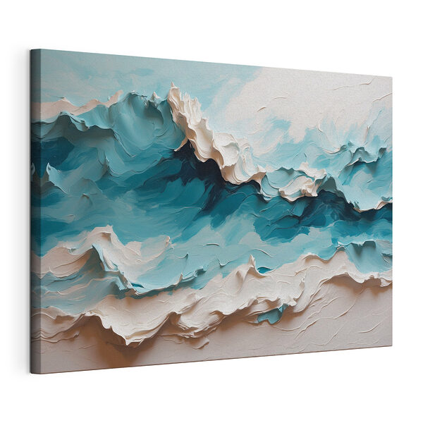 Canvas Schilderijen Schilderij van een berg met witte en blauwe golven