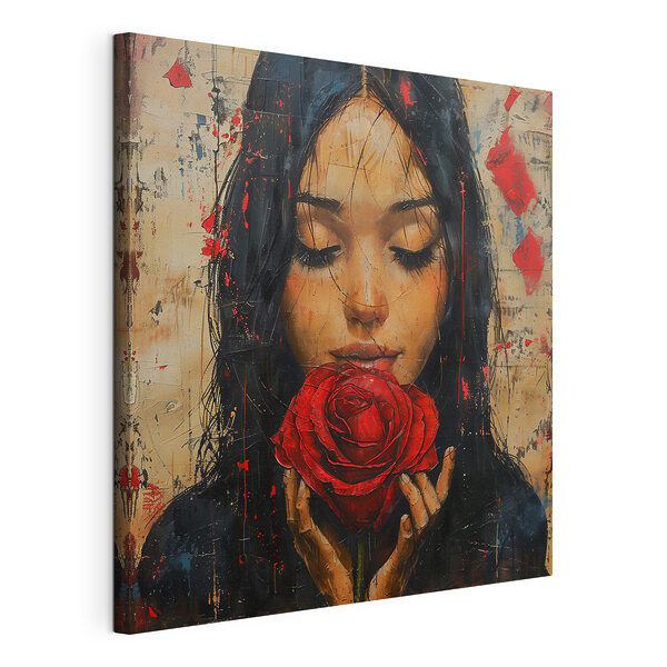 Schilderij van een vrouw met een rode roos Canvas Schilderijen Schilderij van een vrouw met een rode roos