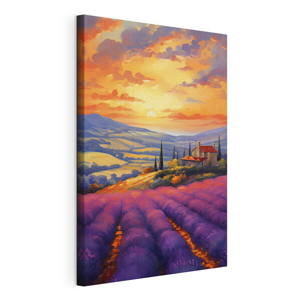 Huis op een heuvel met lavendelvelden Canvas Schilderijen Huis op een heuvel met lavendelvelden