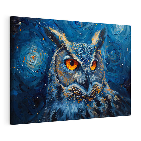 Een uil met oranje ogen Canvas Schilderijen Een uil met oranje ogen