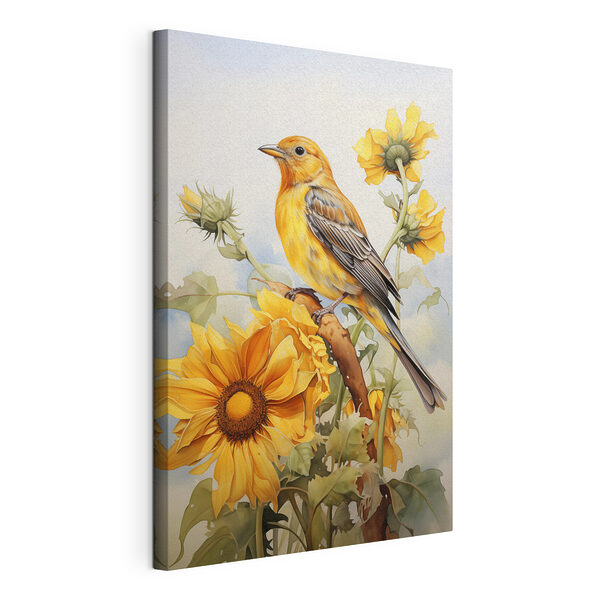 Canvas Schilderijen Vogel op een tak met bloemen