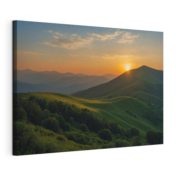 Zonsondergang over een groene heuvel Canvas Schilderijen Zonsondergang over een groene heuvel