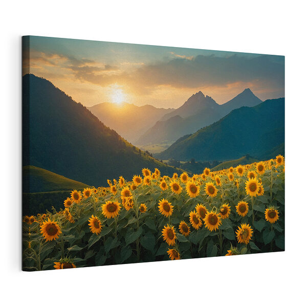 Canvas Schilderijen Zonnebloemveld in de bergen