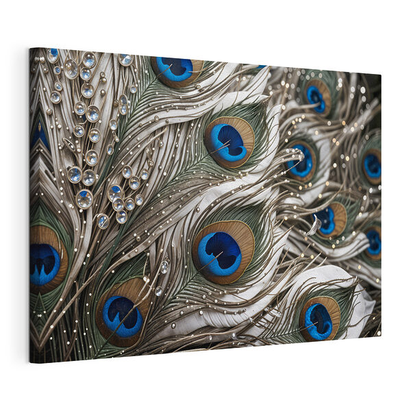 Canvas Schilderijen Pauwenveren versierd met dauwdruppels