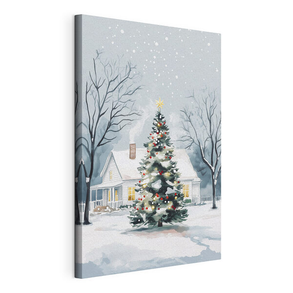 Canvas Schilderijen Kerstboom voor een huis