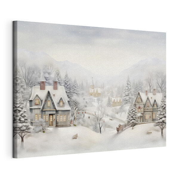 Besneeuwd landschap met huizen en bomen Canvas Schilderijen Besneeuwd landschap met huizen en bomen
