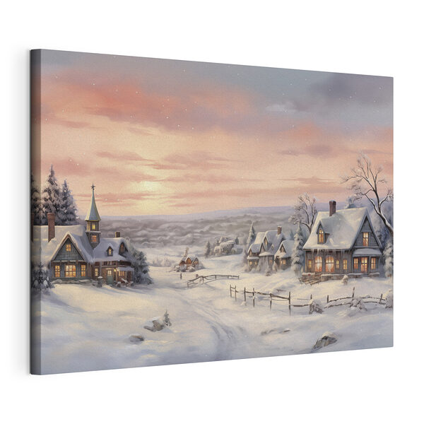 Besneeuwd dorp met huizen en een hek Canvas Schilderijen Besneeuwd dorp met huizen en een hek