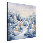 Canvas Schilderijen Schilderij van huizen in een besneeuwd bos