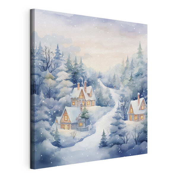 Canvas Schilderijen Schilderij van huizen in een besneeuwd bos