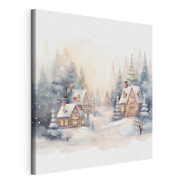 Canvas Schilderijen Aquarel van huizen in een besneeuwd bos
