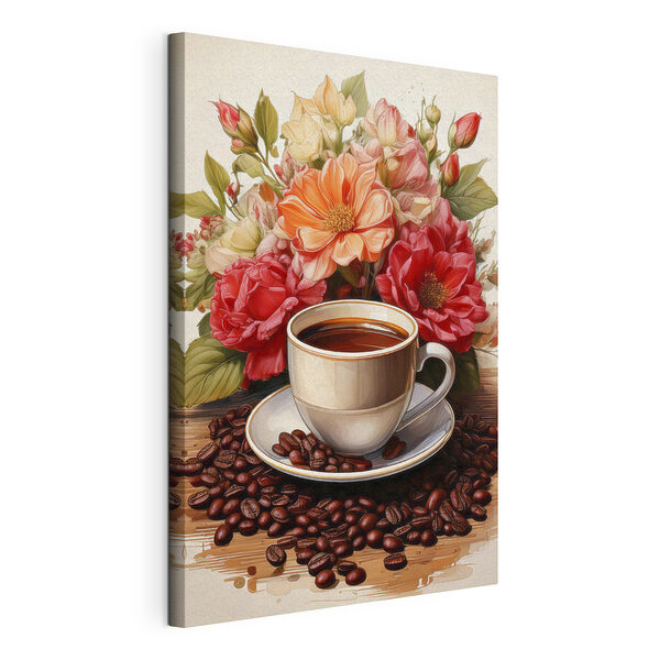 Canvas Schilderijen Kopje koffie en bloemen