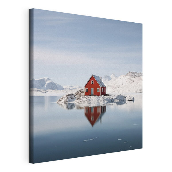 Canvas Schilderijen Rood huis op een eiland in water met besneeuwde bergen op de achtergrond