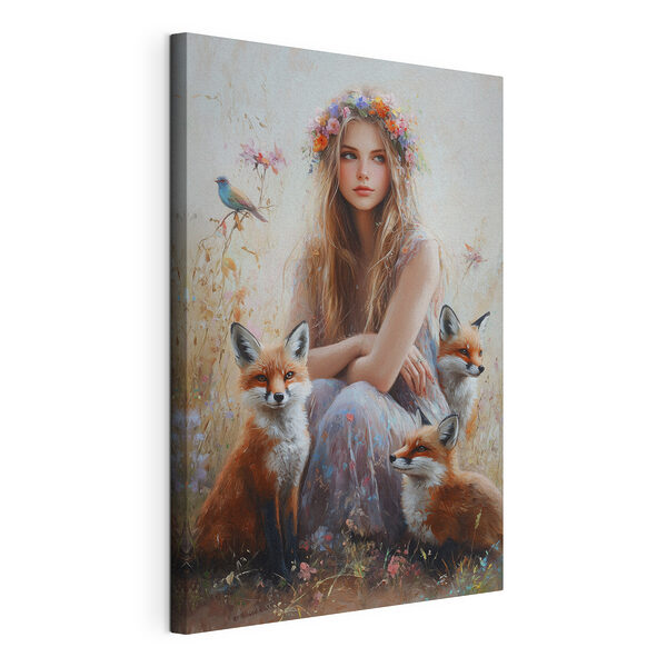 Canvas Schilderijen Schilderij van een vrouw met vossen