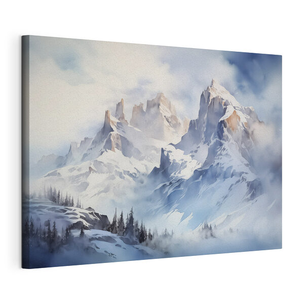 Canvas Schilderijen Besneeuwde bergketen met bomen