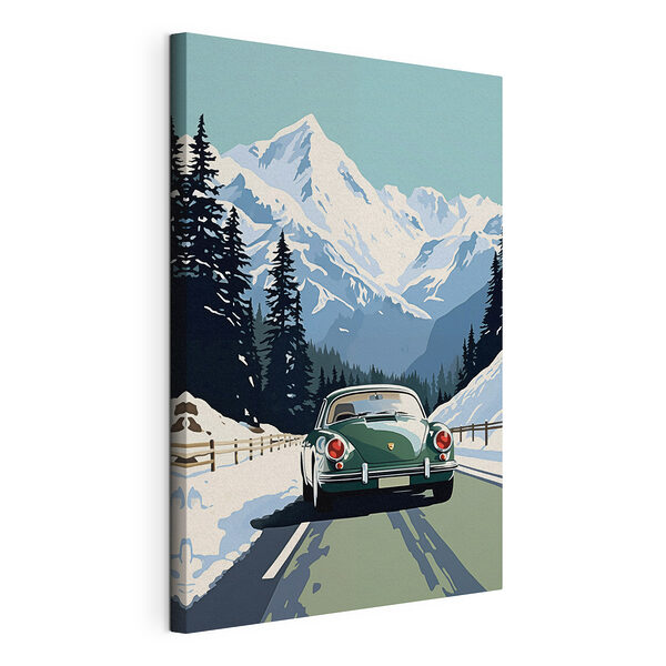 Auto rijdt op een besneeuwde weg Canvas Schilderijen Auto rijdt op een besneeuwde weg