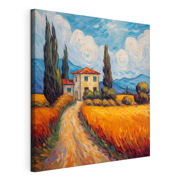 Canvas Schilderijen Schilderij van een huis in een tarweveld