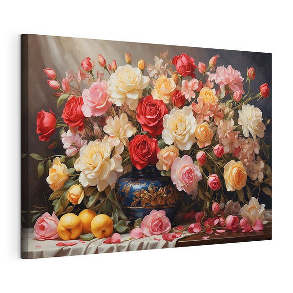 Vaas met bloemen en fruit Canvas Schilderijen Vaas met bloemen en fruit