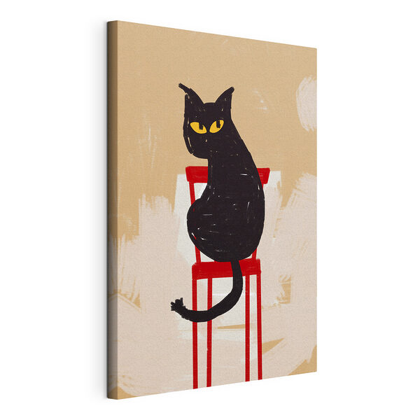 Zwarte kat zittend op een rode stoel Canvas Schilderijen Zwarte kat zittend op een rode stoel