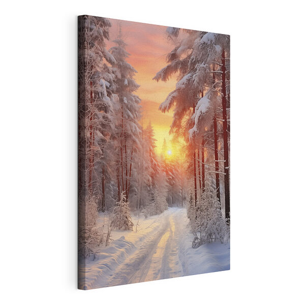 Besneeuwde weg in een bos Canvas Schilderijen Besneeuwde weg in een bos