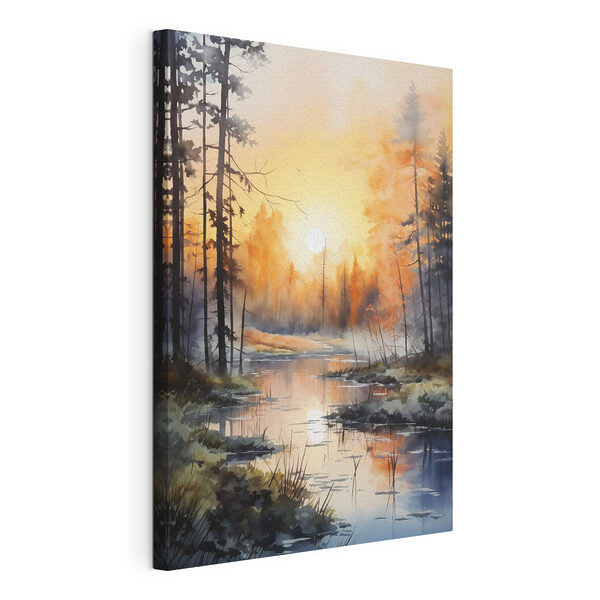 Aquarel van een rivier met bomen en planten Canvas Schilderijen Aquarel van een rivier met bomen en planten
