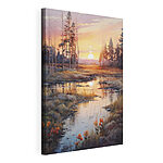 Canvas Schilderijen Aquarel van een rivier met bomen en een zonsondergang