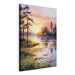 Canvas Schilderijen Aquarel van een meer met bomen en gras