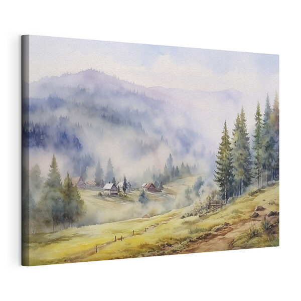 Aquarel van een dorp in de bergen Canvas Schilderijen Aquarel van een dorp in de bergen
