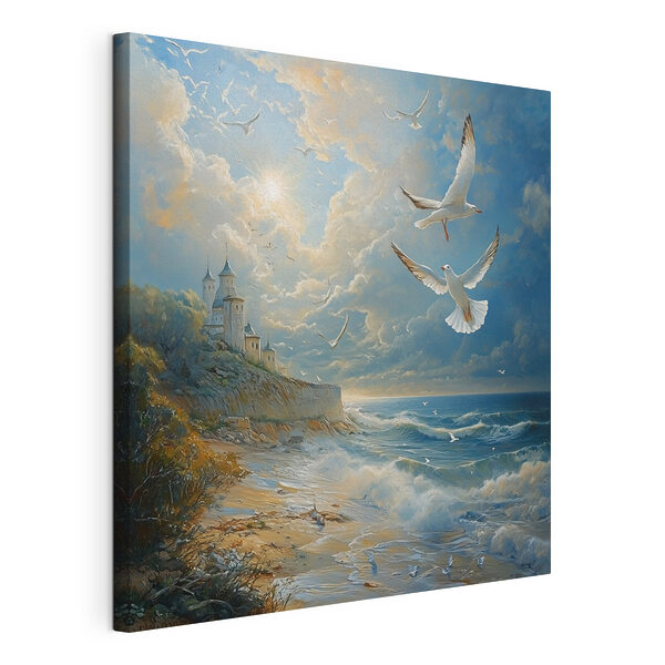 Schilderij van vogels vliegend over een strand Canvas Schilderijen Schilderij van vogels vliegend over een strand