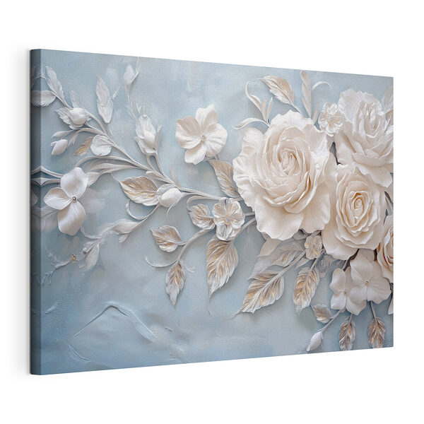 Witte bloemen en bladeren op een blauw oppervlak Canvas Schilderijen Witte bloemen en bladeren op een blauw oppervlak