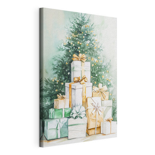 Canvas Schilderijen Aquarel van cadeautjes onder een boom