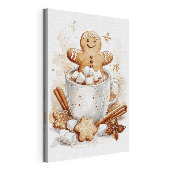Peperkoekmannetje in een mok warme chocolademelk Canvas Schilderijen Peperkoekmannetje in een mok warme chocolademelk