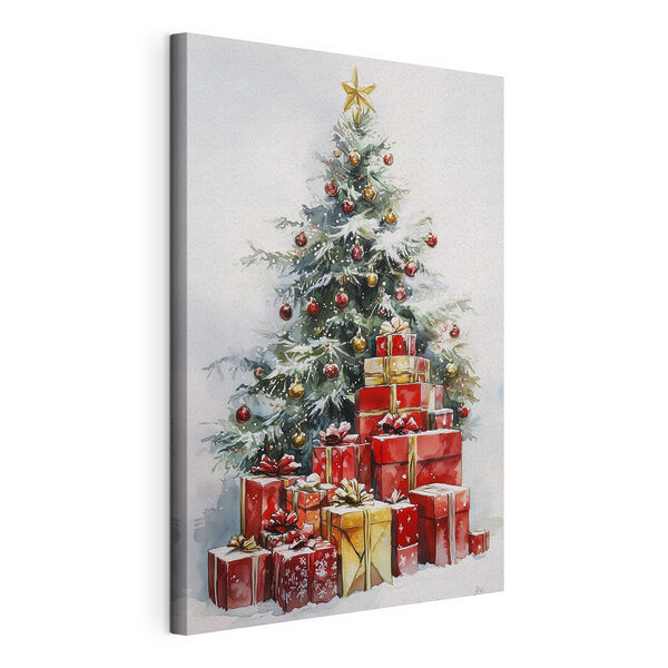 Canvas Schilderijen Aquarel van cadeautjes onder een kerstboom