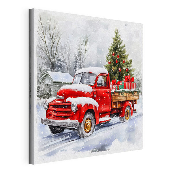 Canvas Schilderijen Rode vrachtwagen met een kerstboom op de achterkant