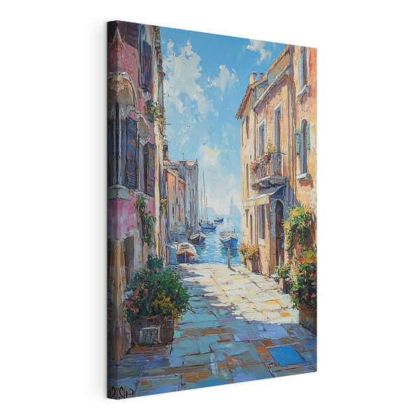 Canvas Schilderijen Schilderij van een straat met boten en gebouwen