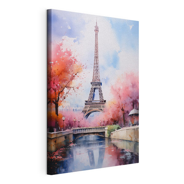 Canvas Schilderijen Aquarel van een toren met roze bloemen en een brug