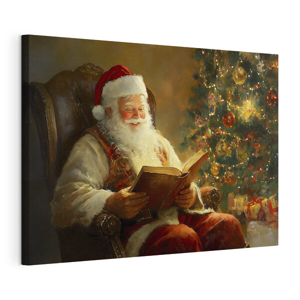 Canvas Schilderijen Schilderij van een kerstman die een boek leest