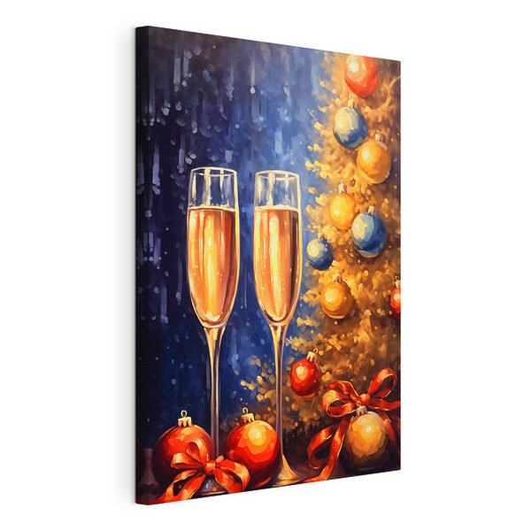 Canvas Schilderijen Schilderij van twee champagneglazen naast een kerstboom