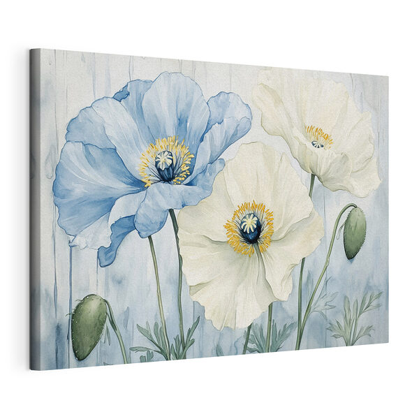 Canvas Schilderijen Schilderij van bloemen op een blauwe achtergrond