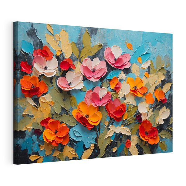 Schilderij van bloemen op een blauw oppervlak Canvas Schilderijen Schilderij van bloemen op een blauw oppervlak