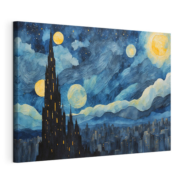 Canvas Schilderijen Aquarel van een stad bij nacht