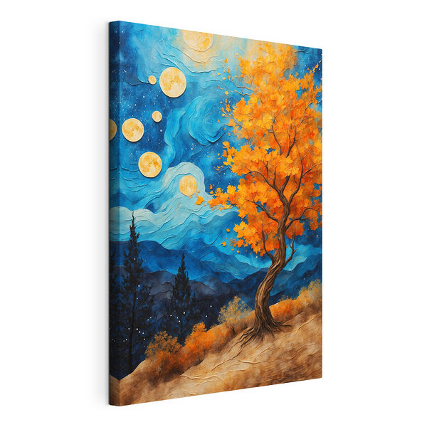Canvas Schilderijen Schilderij van een boom met oranje bladeren en blauwe bergen