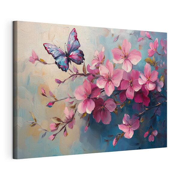 Vlinder op een tak met roze bloemen Canvas Schilderijen Vlinder op een tak met roze bloemen