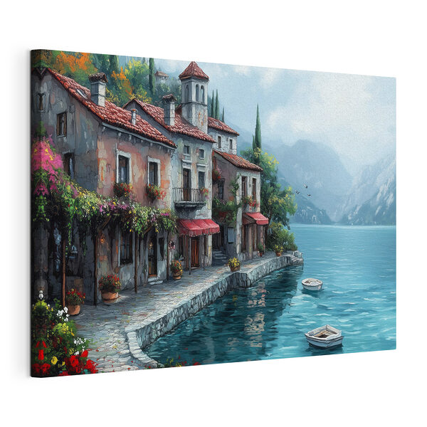 Canvas Schilderijen Bouwen naast een waterlichaam