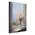 Canvas Schilderijen Vaas met bloemen voor een raam