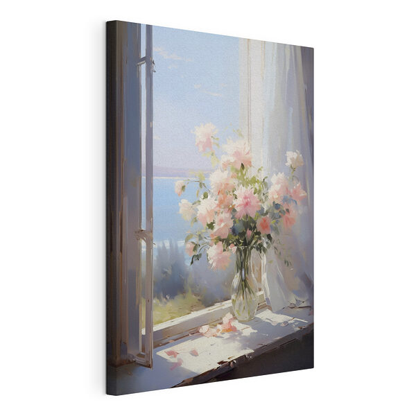 Vaas met bloemen voor een raam Canvas Schilderijen Vaas met bloemen voor een raam