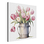 Canvas Schilderijen Schilderij van roze tulpen in een metalen emmer