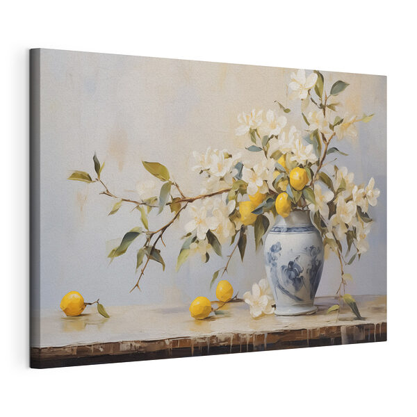 Schilderij van een vaas met bloemen en citroenen Canvas Schilderijen Schilderij van een vaas met bloemen en citroenen
