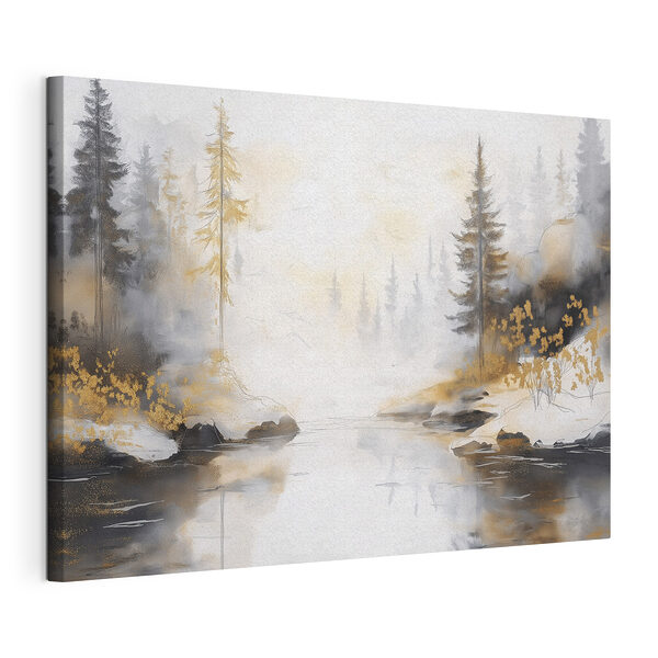 Aquarel van een rivier met bomen en mist Canvas Schilderijen Aquarel van een rivier met bomen en mist