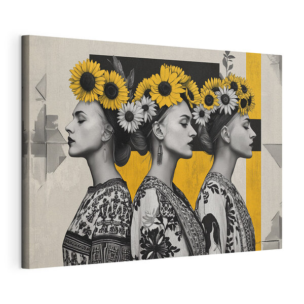 Groep vrouwen met zonnebloemen in het haar Canvas Schilderijen Groep vrouwen met zonnebloemen in het haar